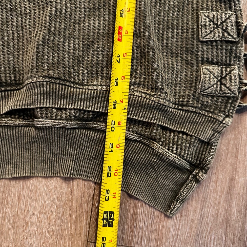 Free People FP One Olive Green Waffle Knit Thermal Fringe Lace Up Top Large - Picture 7 of 8